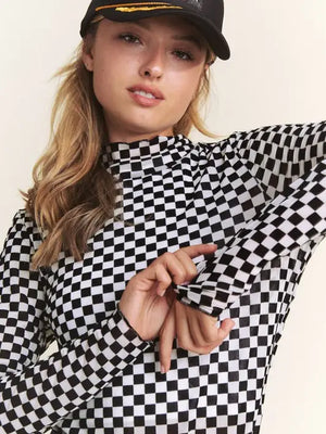 Long Sleeve Checkered Mesh Mock Neck Top