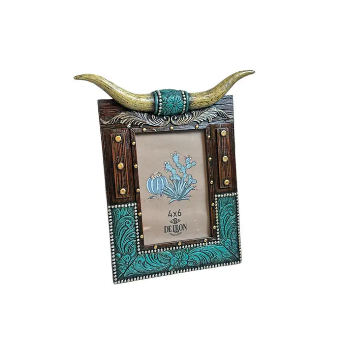 Horn & Turquoise Tooled Leather Floral 6” X 4” Picture Frame