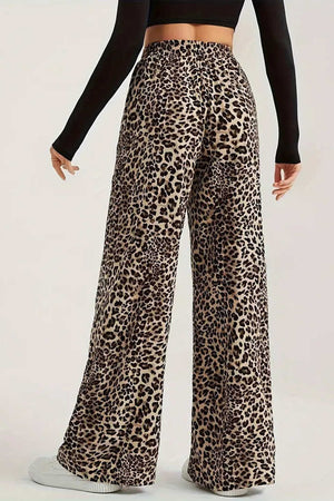 Leopard Print Elastic Waist Wide Leg Pants