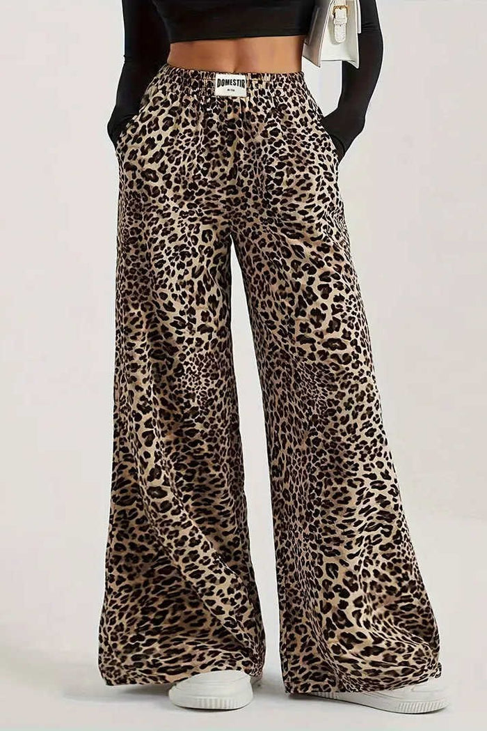 Leopard Print Elastic Waist Wide Leg Pants