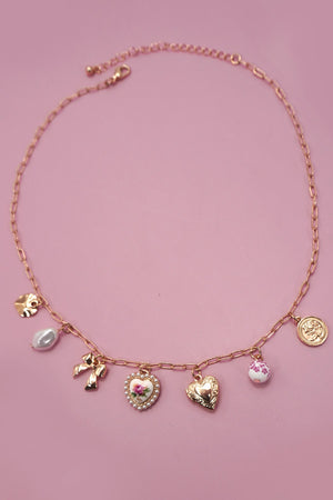 Ceramic Porcelain Bow Heart Charm Link Necklace