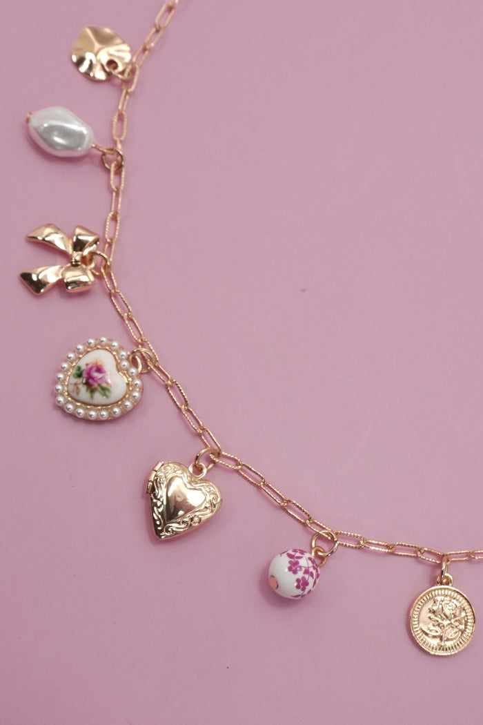 Ceramic Porcelain Bow Heart Charm Link Necklace