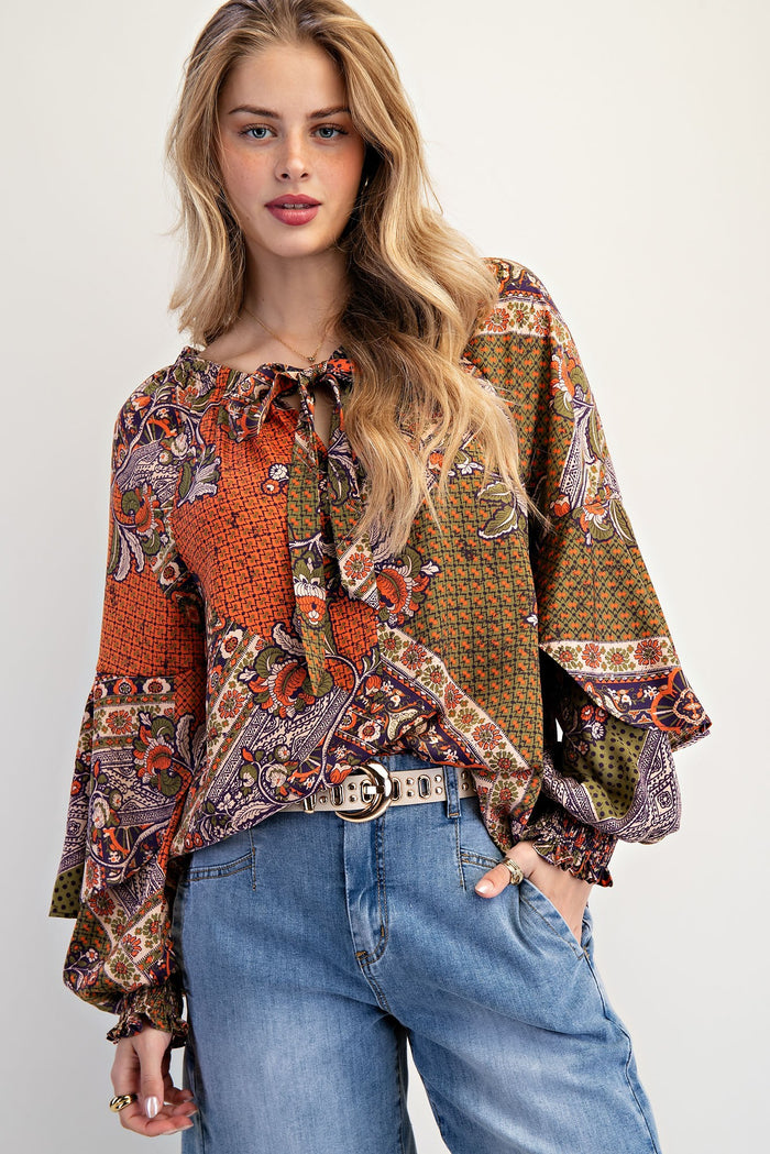 Floral Print Mirabell Satin Blouse