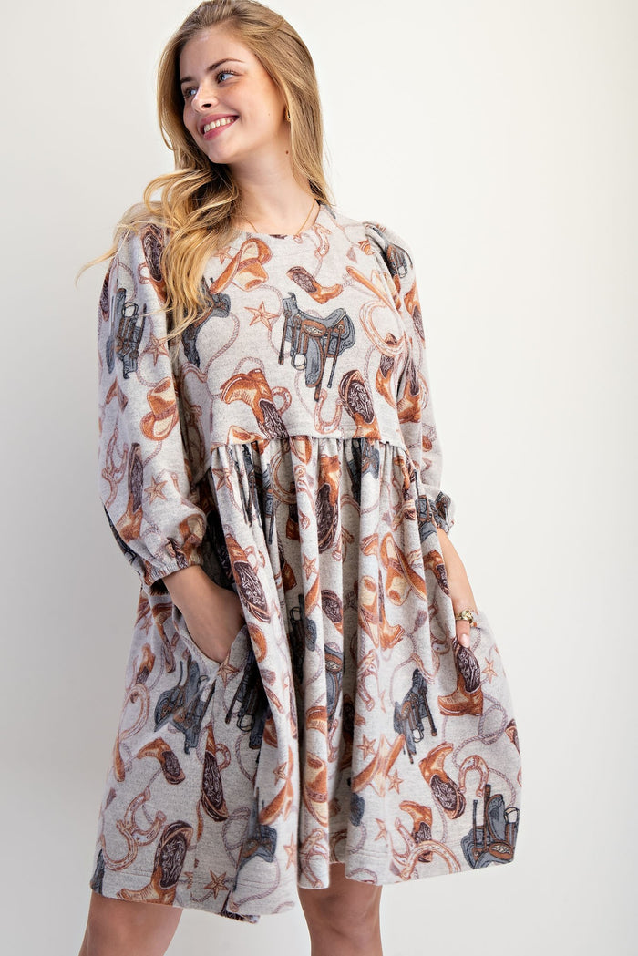 Western Printed Brushed Hacci Dress