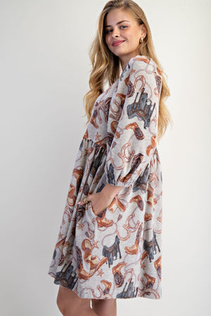 Western Printed Brushed Hacci Dress