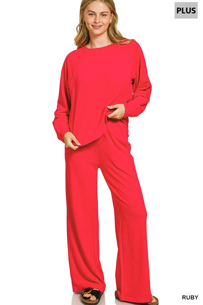 Plus Slub Long Sleeve Top & Pants 2pcs Set