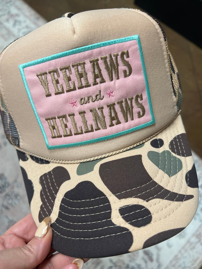 Camo Yeehaws and Hellnaws Trucker Cap