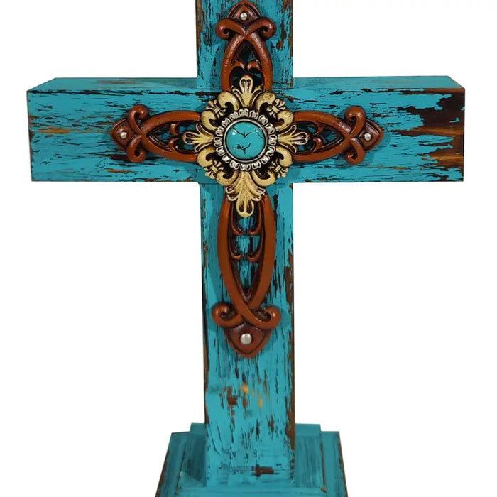 Cross Standing Wood Distressed Turquoise Cross