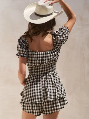 Gingham Print Puff Sleeve Romper