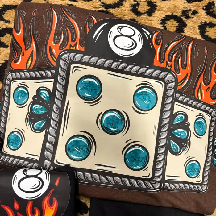 Turquoise Dice & 8 Ball Fire Tee