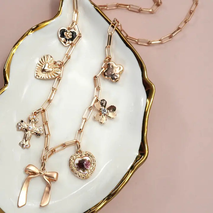 Charm Necklace-Porcelain Floral Bow Cross Heart