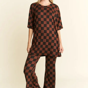 Ribbed Checkered Print Top/Straight Leg Pants Set