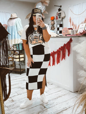 Big Checkered Print Knit Pencil Midi Skirt w/ Side Slit