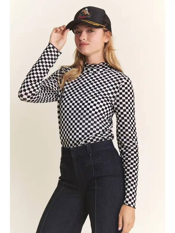 Long Sleeve Checkered Mesh Mock Neck Top