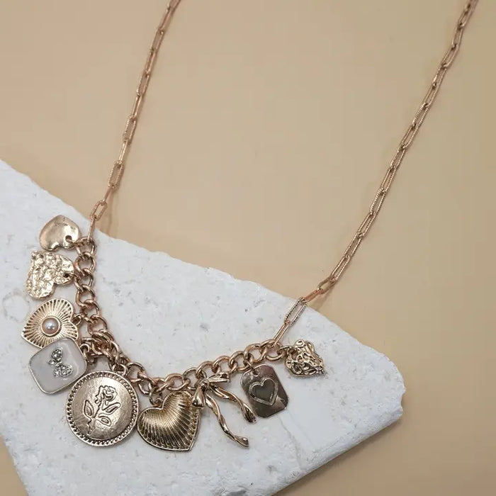 Charm Necklace-Custer Bow Heart Pearl