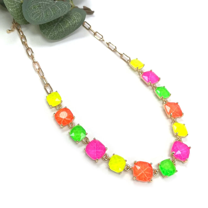 Neon Cushion Cut Glass Linked Chain Necklace