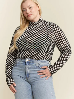 Long Sleeve Checkered Mesh Mock Neck Top