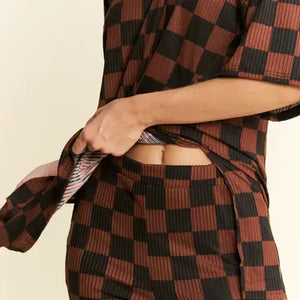 Ribbed Checkered Print Top/Straight Leg Pants Set