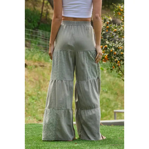 Acid Wash Tired Mixed Fabric Palazzo Pants