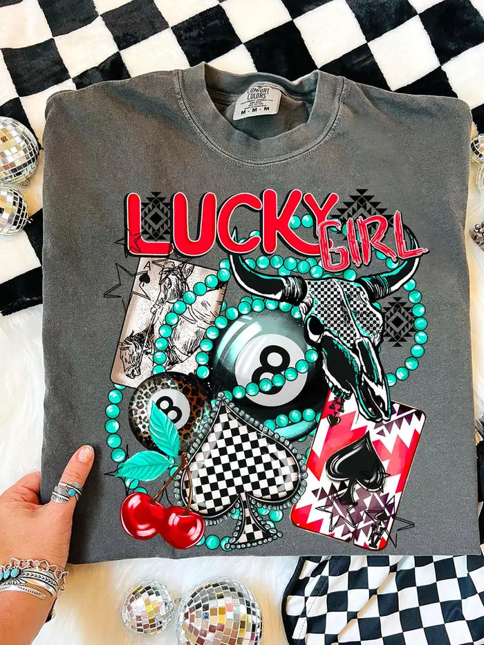 Lucky Girl Checkered - Comfort Color - Pepper