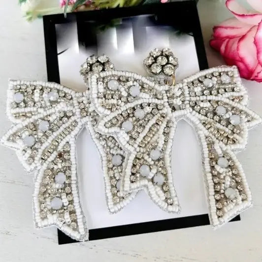 Christmas Holiday White Bow Beaded Earrings