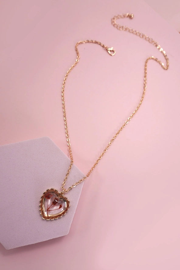 Pressed Flower Gold Heart Necklace