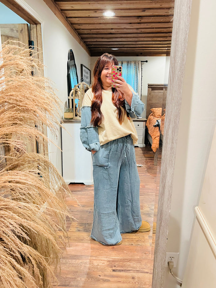 Washed Chambray Palazzo Pants