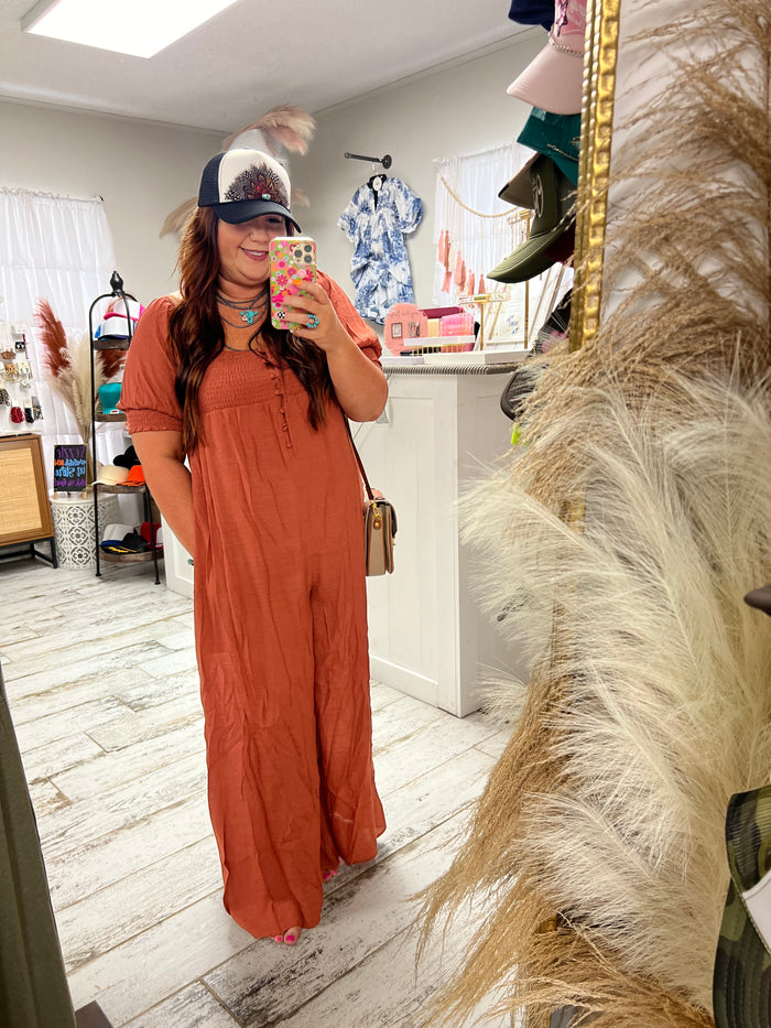 Smocked Neck Wide Leg Jumpsuit