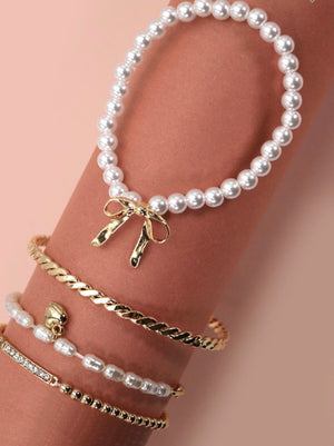 Pearl Bow Stretch Bracelet Set