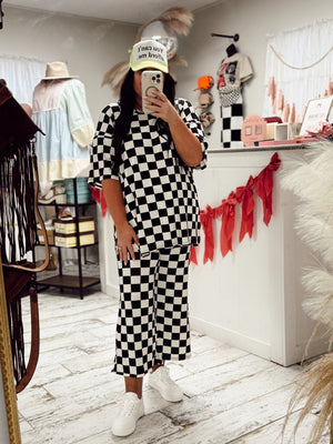 Ribbed Checkered Print Top/Straight Leg Pants Set