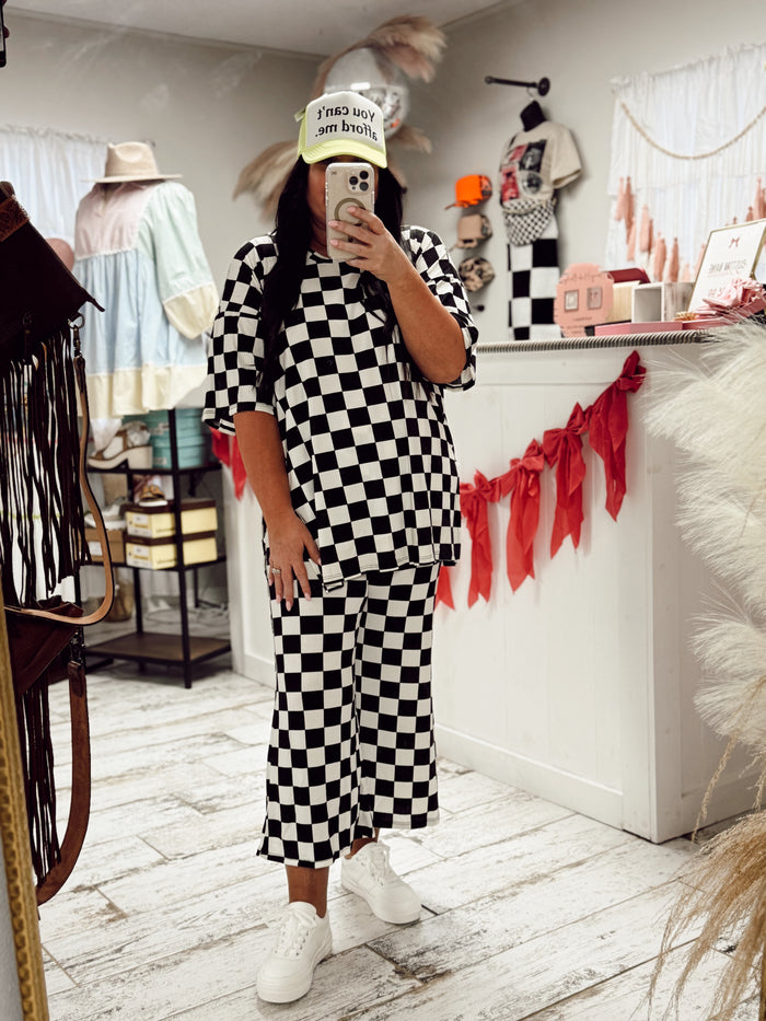 Ribbed Checkered Print Top/Straight Leg Pants Set