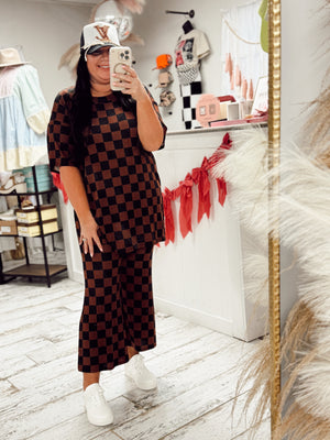 Ribbed Checkered Print Top/Straight Leg Pants Set