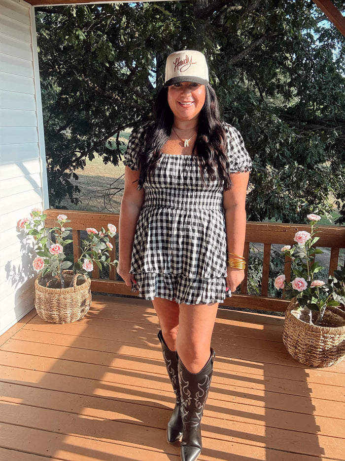 Gingham Print Puff Sleeve Romper