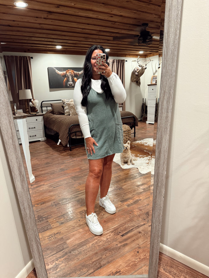 Washed Slub Adjustable Strap Overall Dress