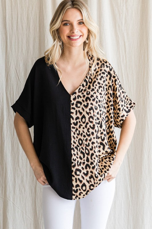 Half and Half Leopard/Solid Boxy Top