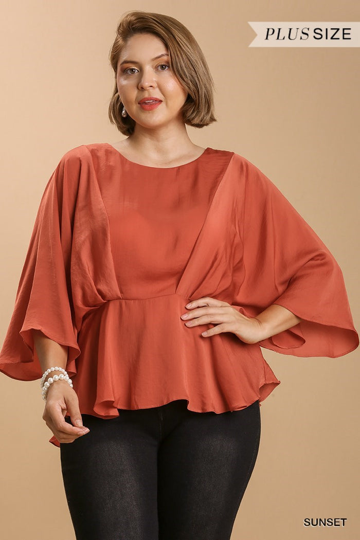 Washed Satin Pleated Round Neck Kimono Sleeve Top with Peplum Hem