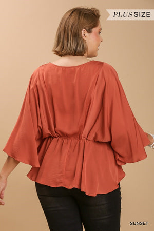 Washed Satin Pleated Round Neck Kimono Sleeve Top with Peplum Hem