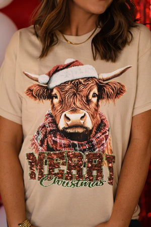 Highland Cow Faux Glitter Merry Christmas Tee