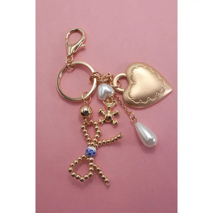 Porcelain Bow Heart Teddy Bear Pearl Bag Charm