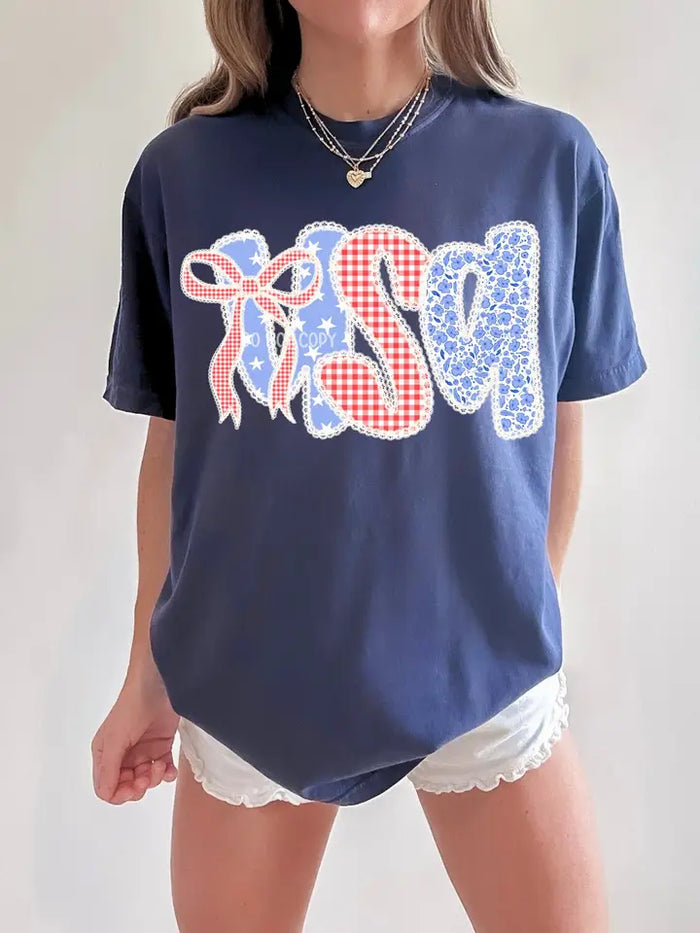Usa Patchwork Preppy Bow Tee