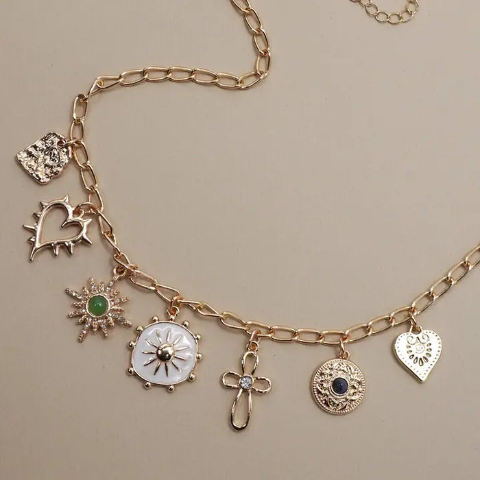 Charm Necklace-Heart Cross Sunburst Stone