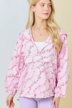 Plus Size Floral Border Printed Windbreaker Jacket