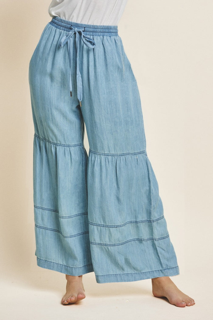 Washed Denim Tiered Wide Leg Pants