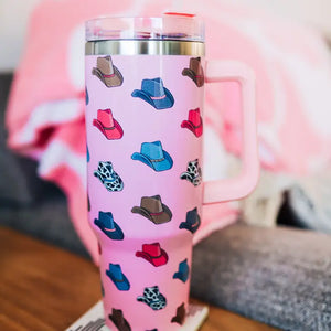 Pink Cowboy Hat Tumbler with Handle