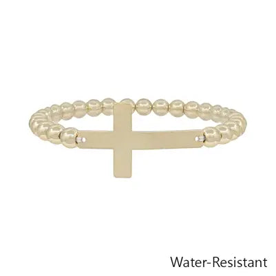 Hush Bauble Water Resistant Gold Cross 6 mm Beaded Stretch Bracelet