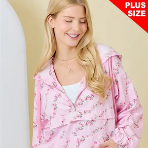 Plus Size Floral Border Printed Windbreaker Jacket