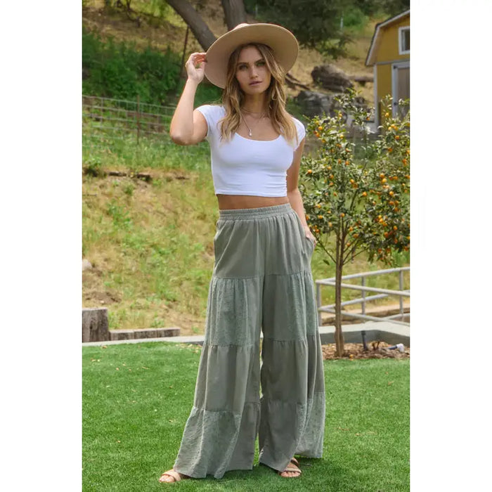 Acid Wash Tired Mixed Fabric Palazzo Pants