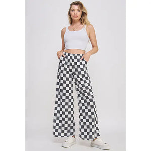 High Waist Checkered Straight Leg Knit Pants