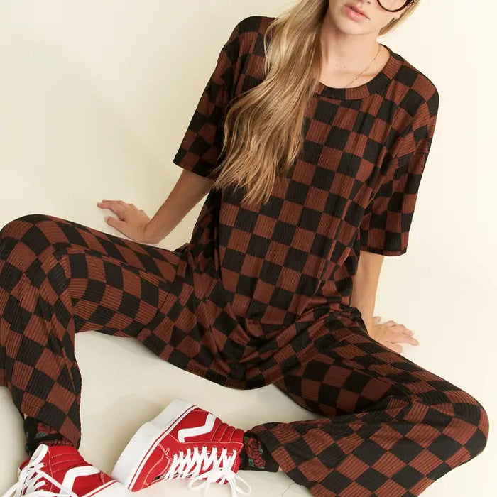 Ribbed Checkered Print Top/Straight Leg Pants Set