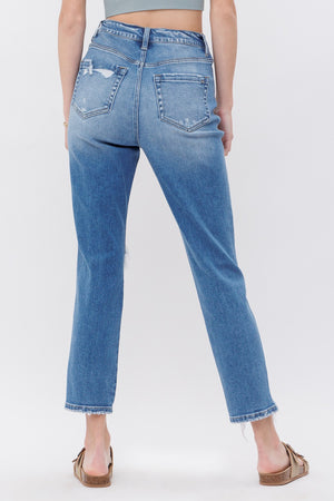 Stretch Super High Rise Mom Jean with Distressing Mica Denim